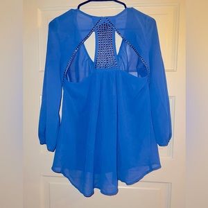 Charming Charlie sheer, blue, dressy, gold accent, cutout top